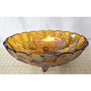 VTG Iridescent Carnival Glass Fruit Bowl Oval Indiana Harvest Grape Amber Footed